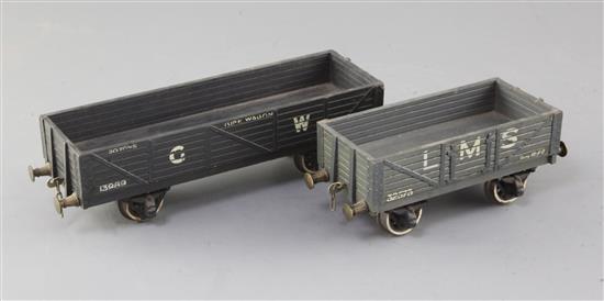 A GW 7 plank open wagon 20T, no.13989 and an LMS 7 plank open wagon, no.32573 (2)